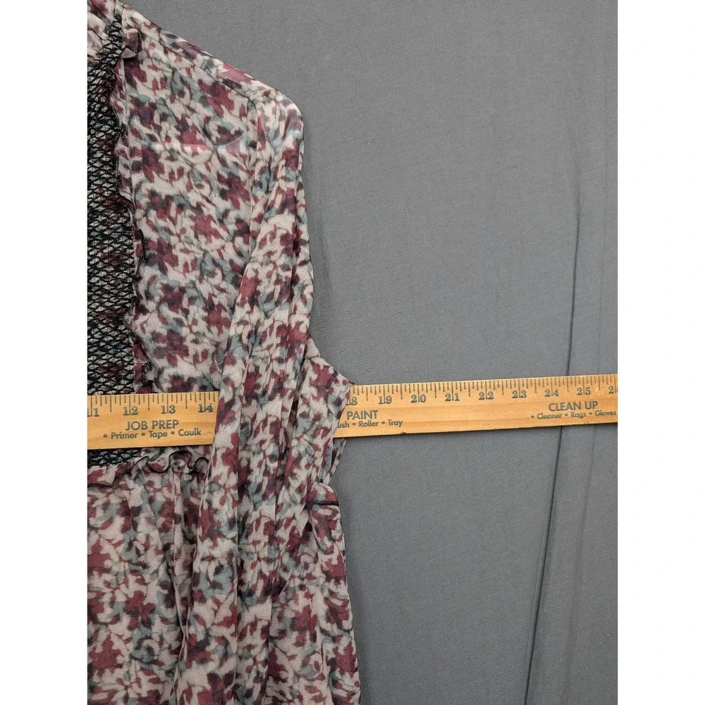 Zara Boho Printed Mini Dress Black Lace Bib Long Sleeve Pink/Burgundy Size Small